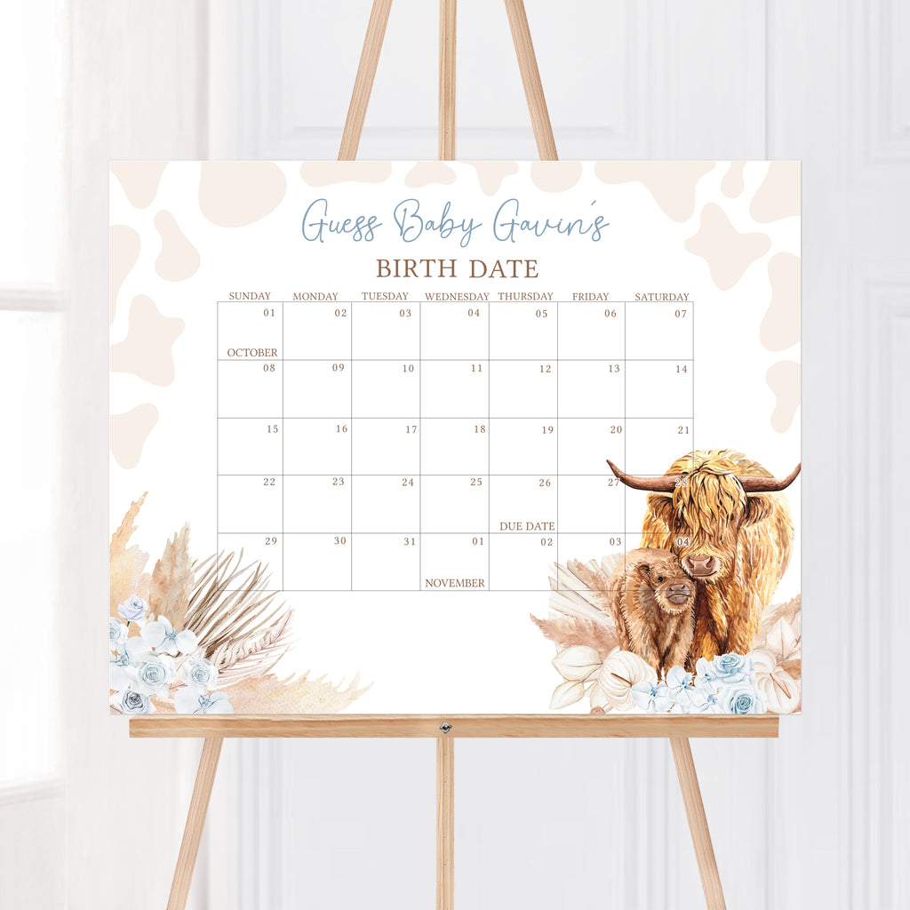 Highland Cow Baby Shower Due Date Calendar