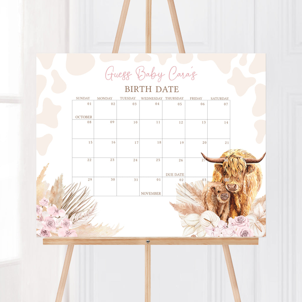 Highland Cow Baby Shower Due Date Calendar