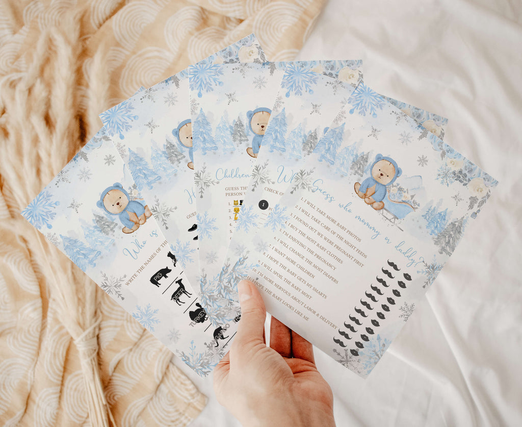 Popular Winter Blue Bear Baby Shower Games Pack Printable