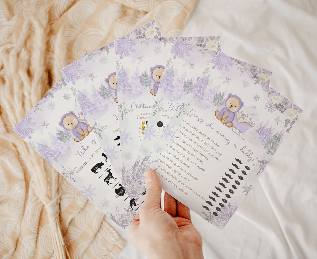 Purple Baby it's Cold Outside Bear Baby Shower Game Bundle Printable