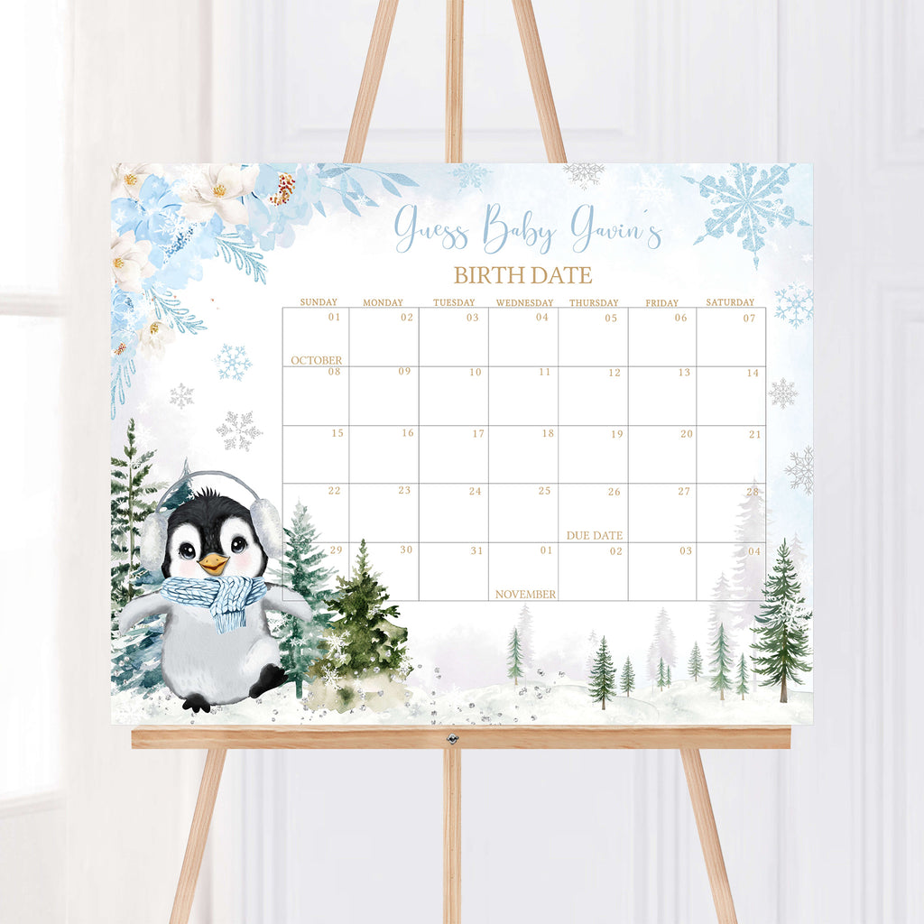 Boy Winter Penguin Baby Shower Due Date Calendar