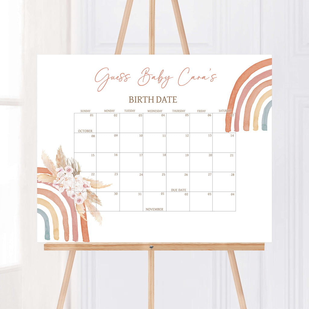 Boho Rainbow Baby Shower Due Date Calendar