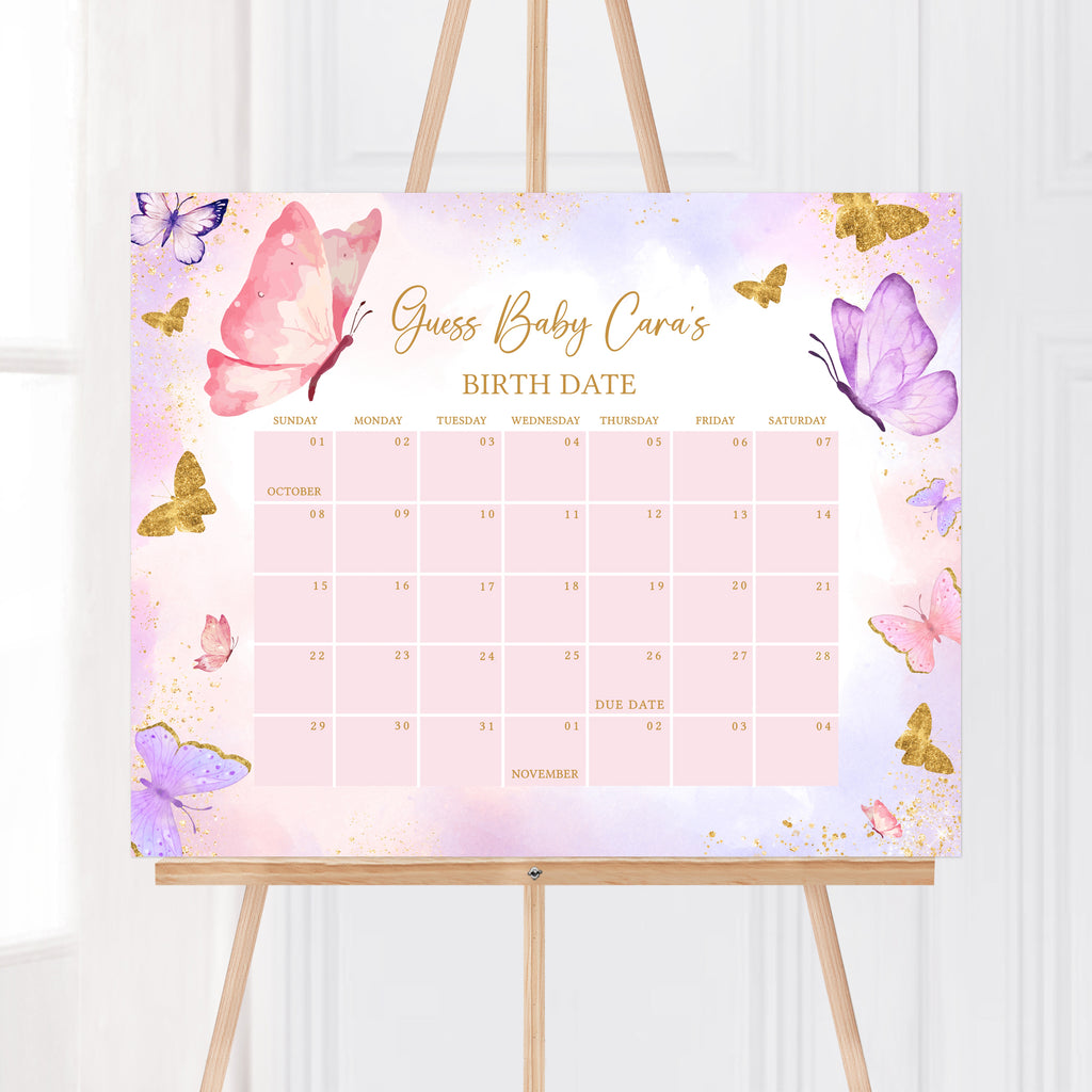 Pink Butterfly Girl Baby Shower Due Date Calendar