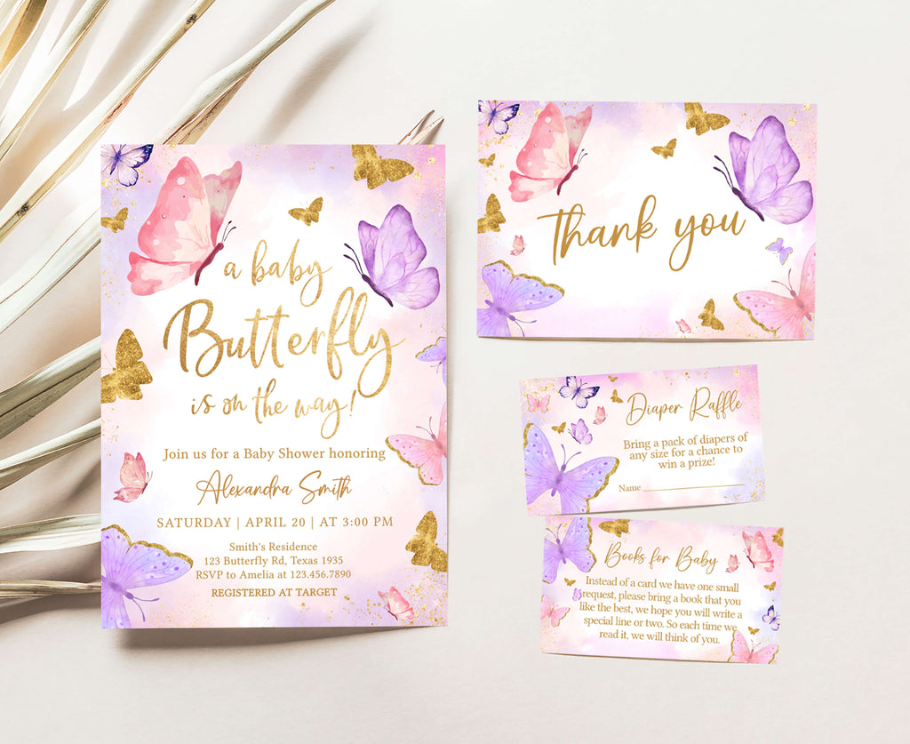 Pink Butterfly Girl Baby Shower Invitation Set