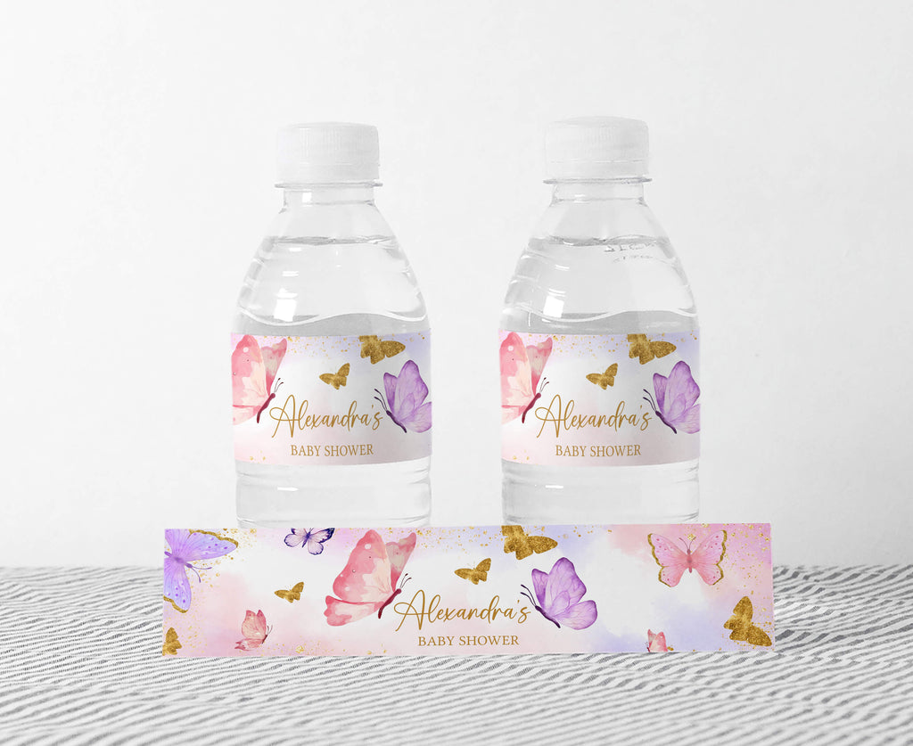 Pink Butterfly Girl Baby Shower Bottle Label