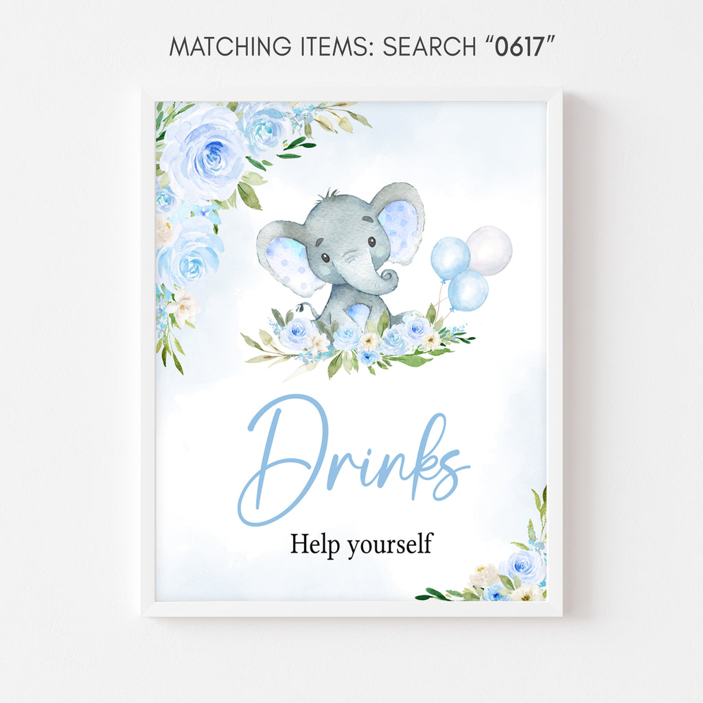 Blue Floral Elephant Baby Shower Drinks Sign