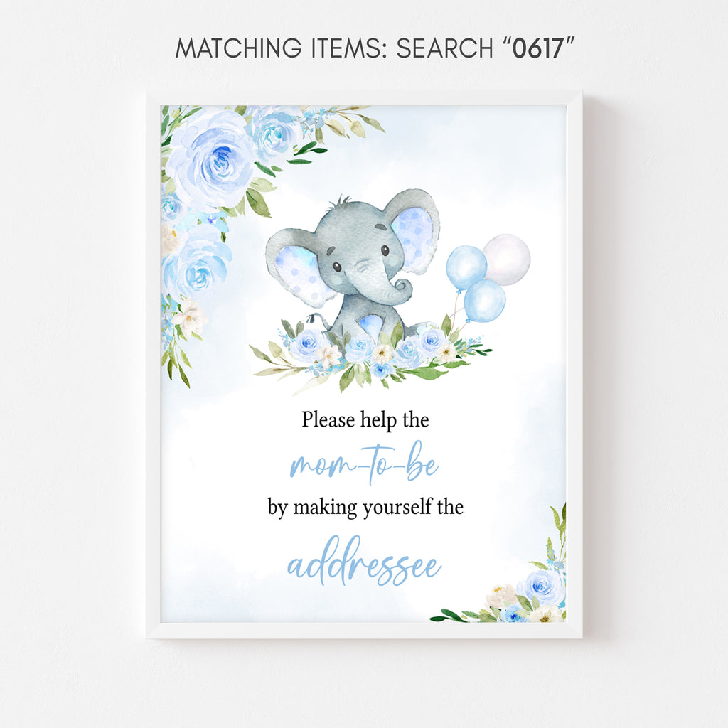 Blue Floral Elephant Baby Shower Envelope Station Sign