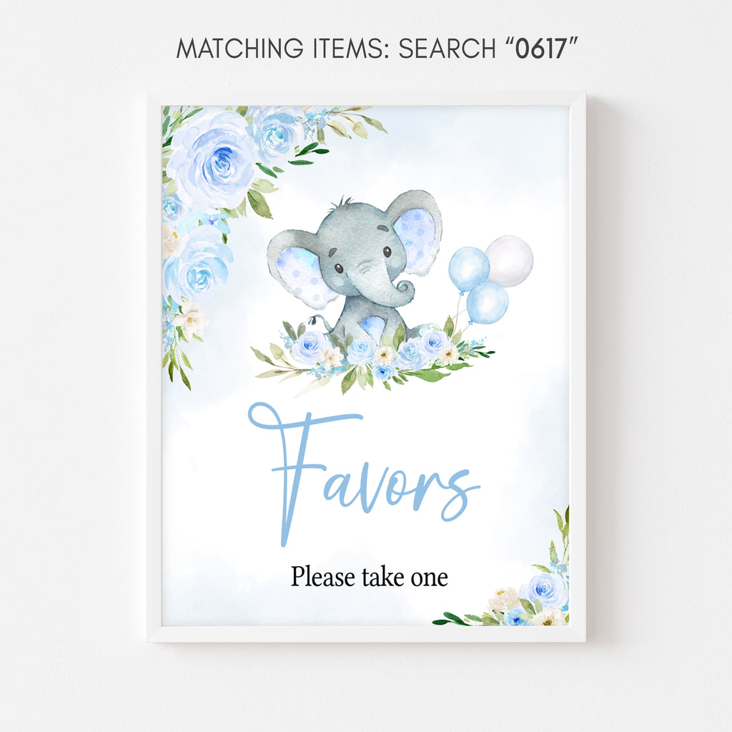 Blue Floral Elephant Baby Shower Favors Sign