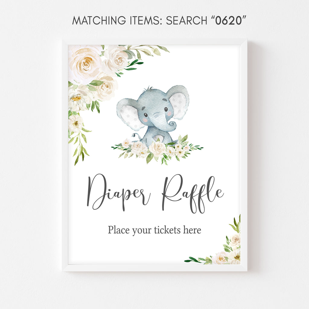 Floral Elephant Baby Shower Diaper Raffle Sign