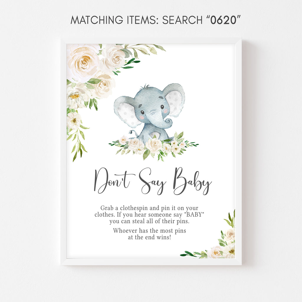 Floral Elephant Baby Shower Don't Say Baby Sign