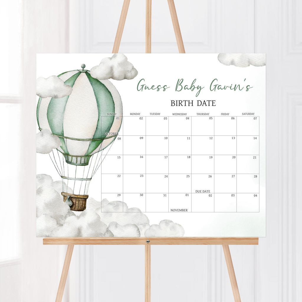 Green Hot Air Balloon Baby Shower Due Date Calendar