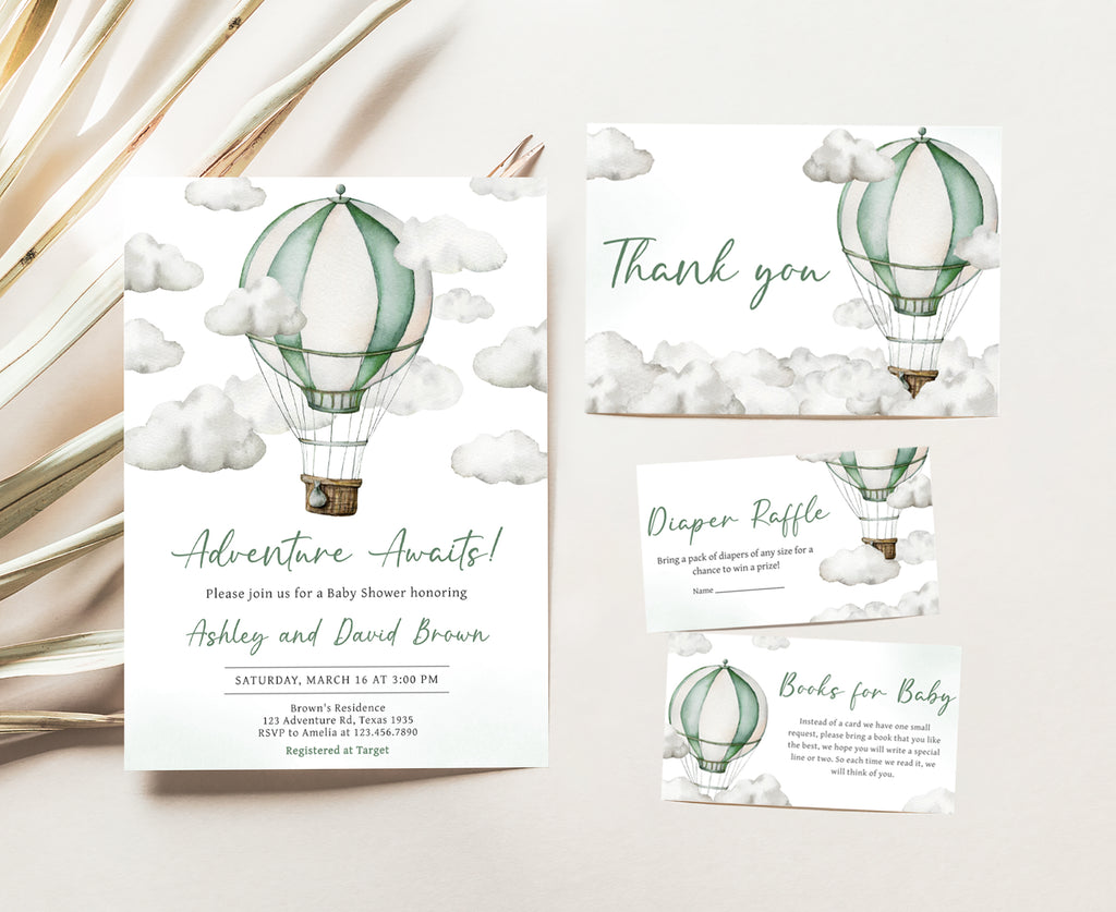 Green Hot Air Balloon Baby Shower Invitation Set