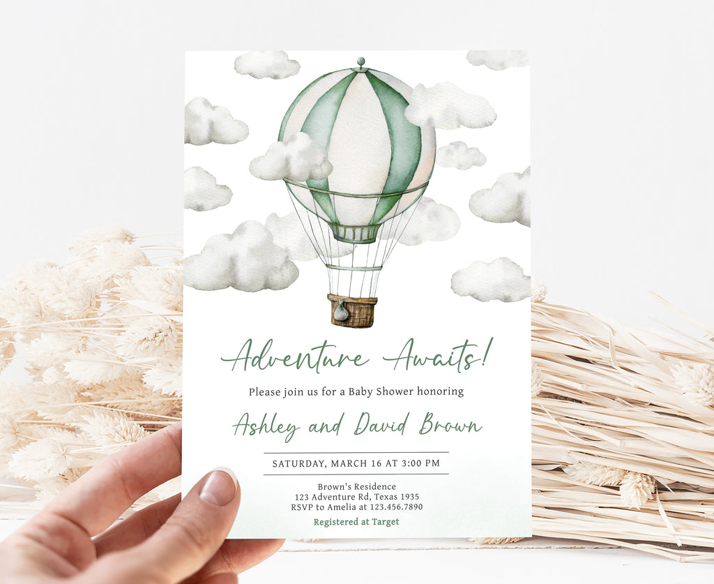 Green Hot Air Balloon Baby Shower Invitation