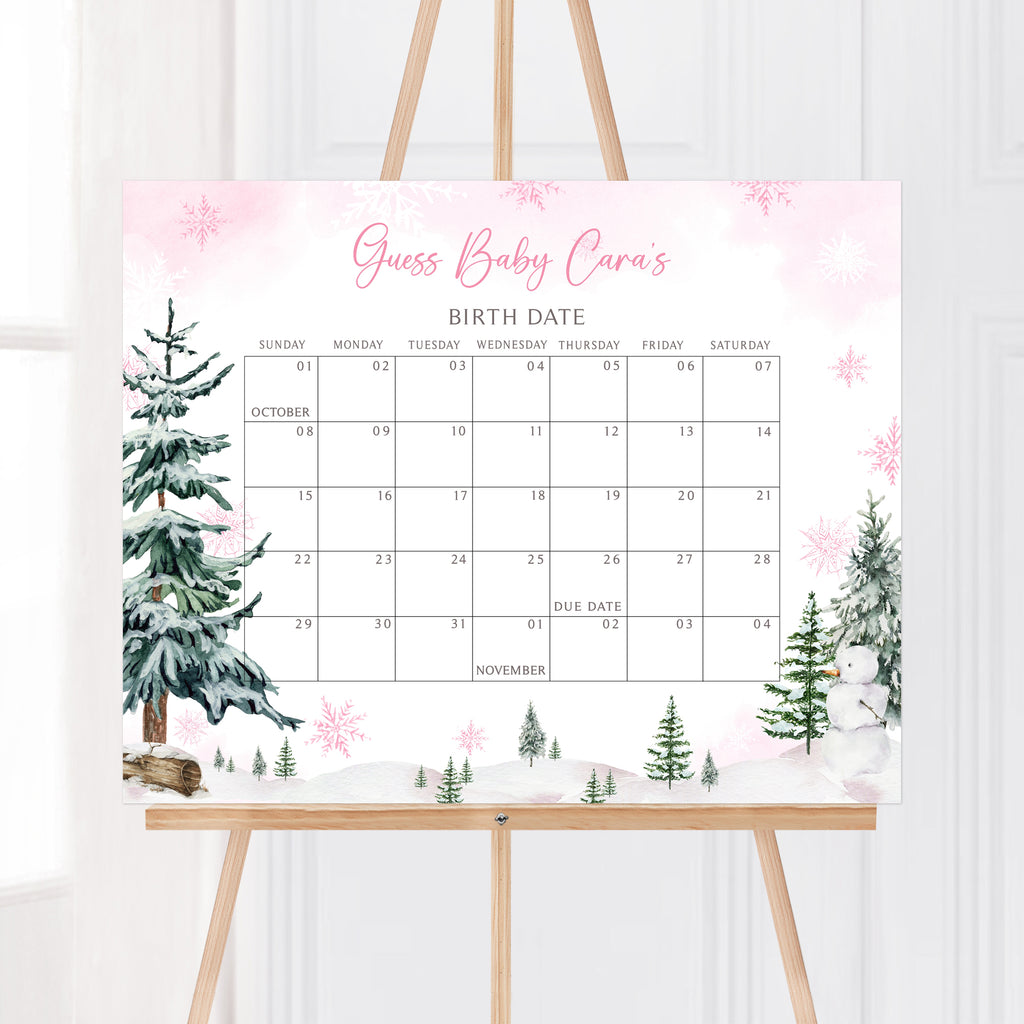 Pink Baby It's Cold Outside Baby Shower Due Date Calendar