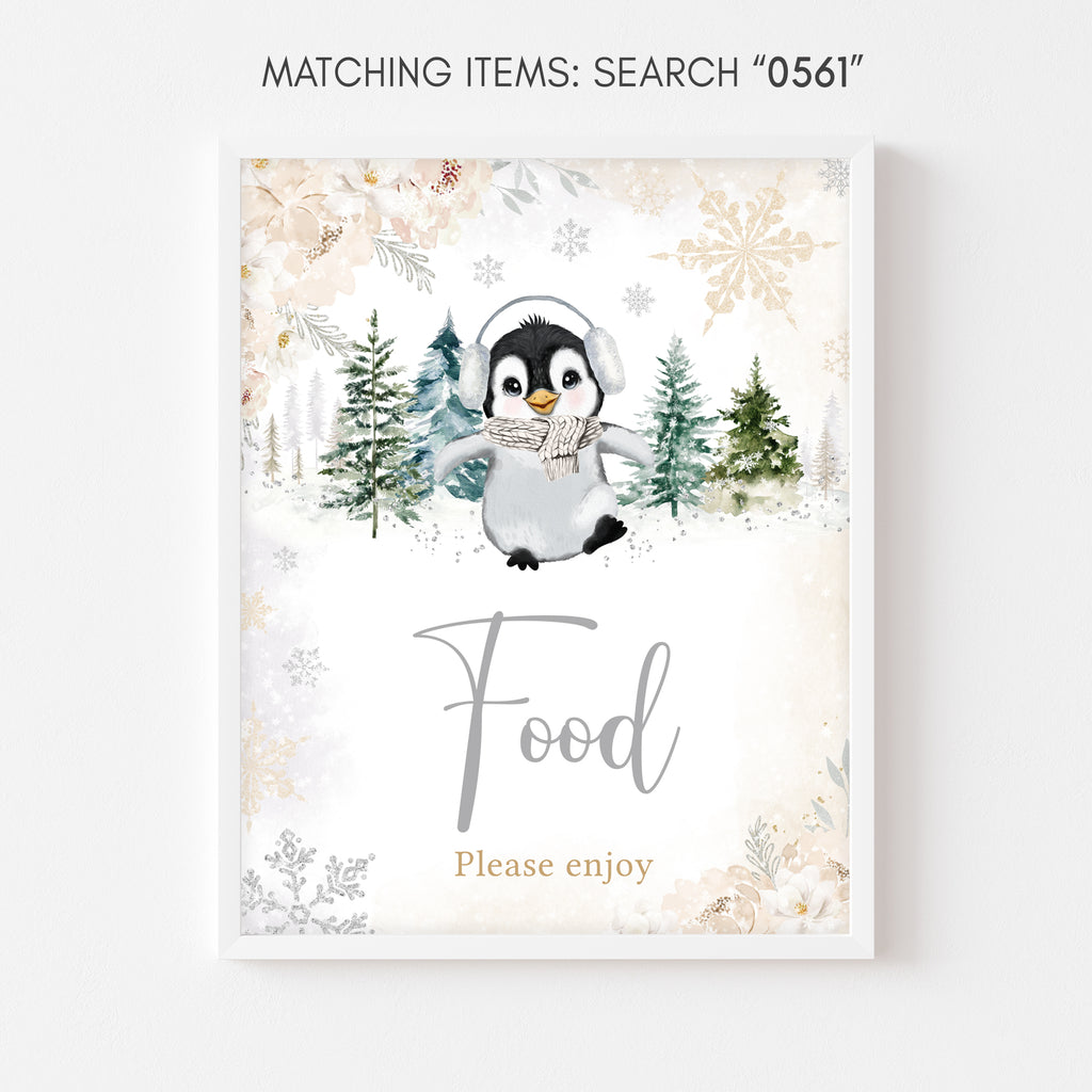 Floral Winter Penguin Baby Shower Food Sign