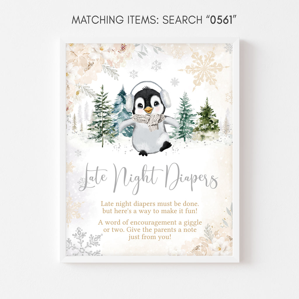 Floral Winter Penguin Baby Shower Late Night Diapers Sign