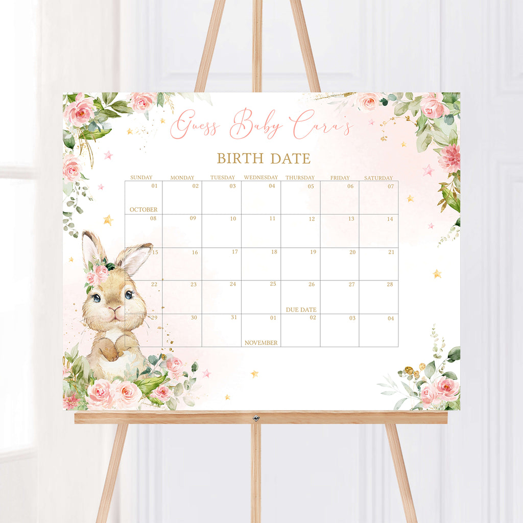 Pink Boho Peter Rabbit Baby Shower Due Date Calendar