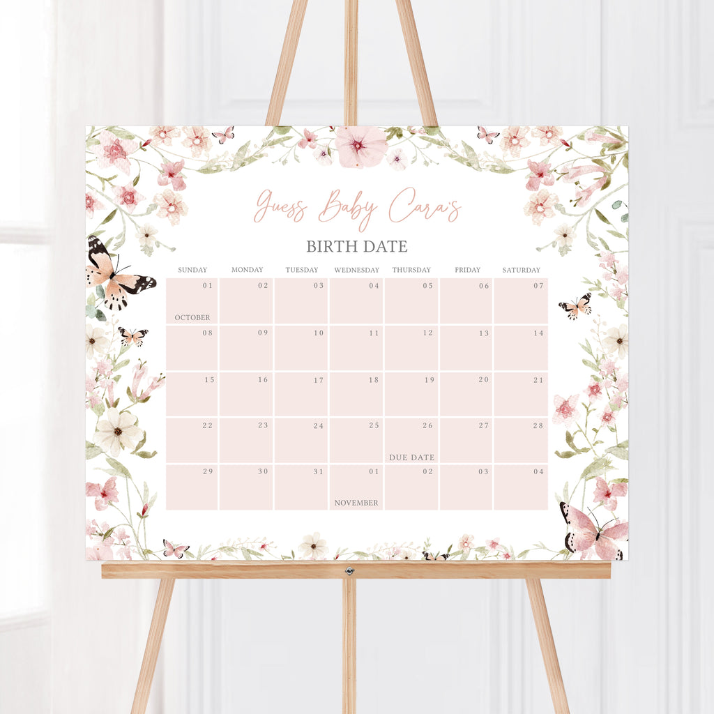 Butterfly Baby in Bloom Baby Shower Due Date Calendar