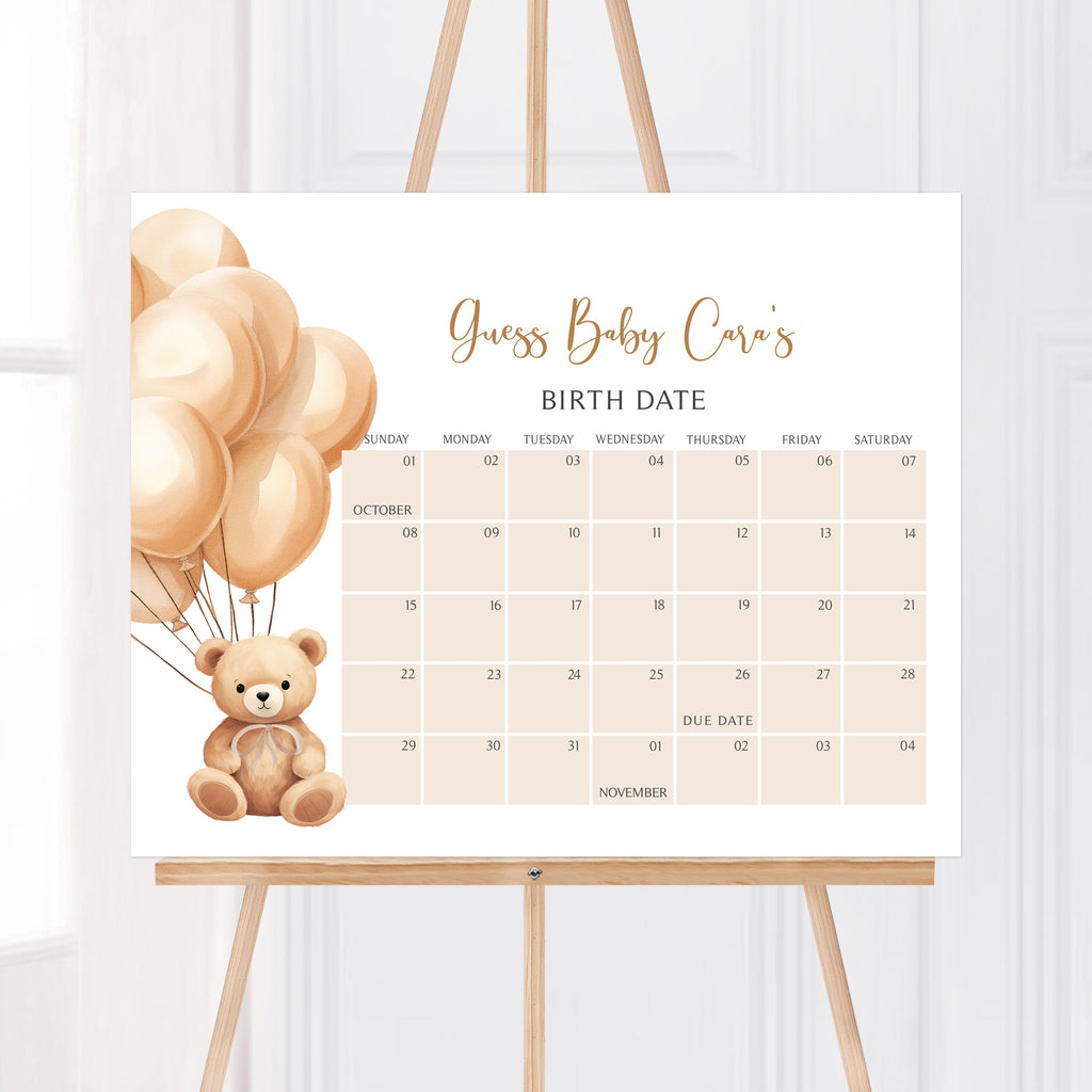 Bear Balloon Baby Shower Due Date Calendar