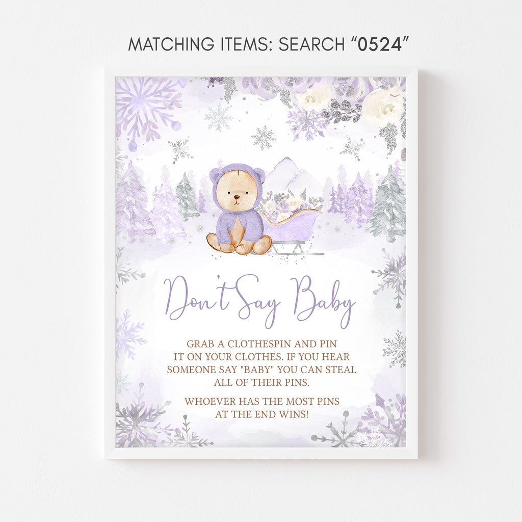 Purple Winter Bear Baby Shower Don't Say Baby Sign