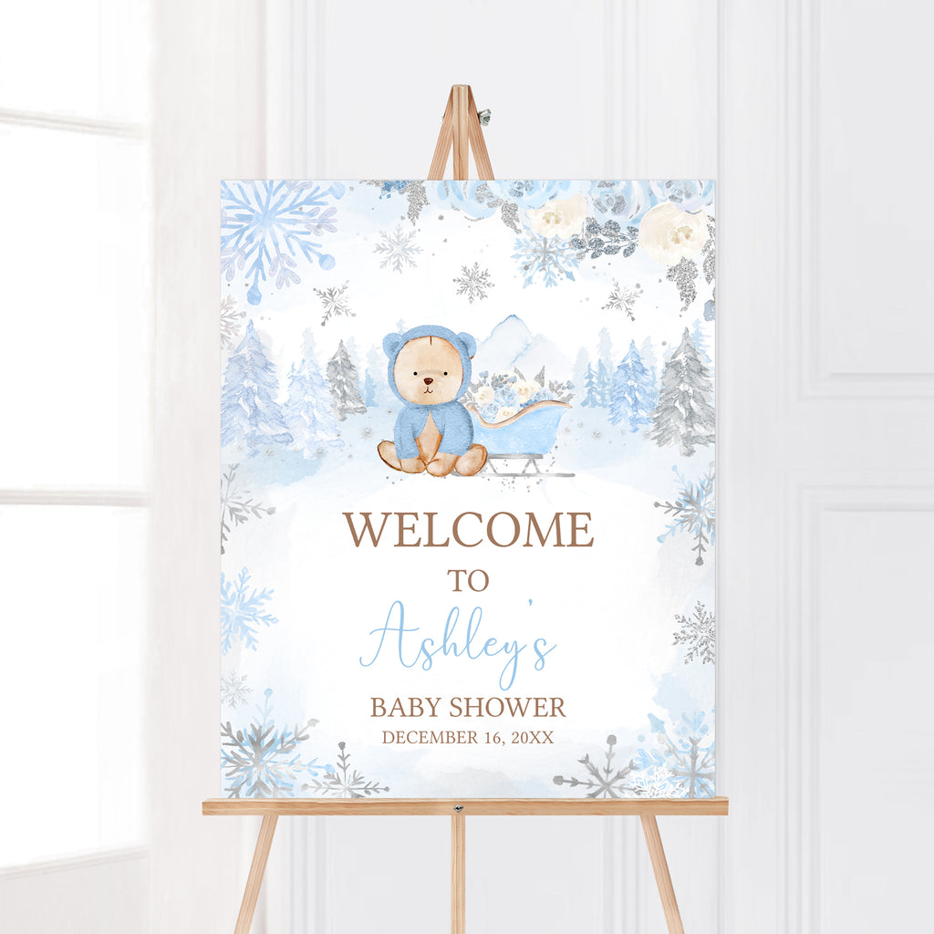 Blue Winter Bear Baby Shower Welcome Sign