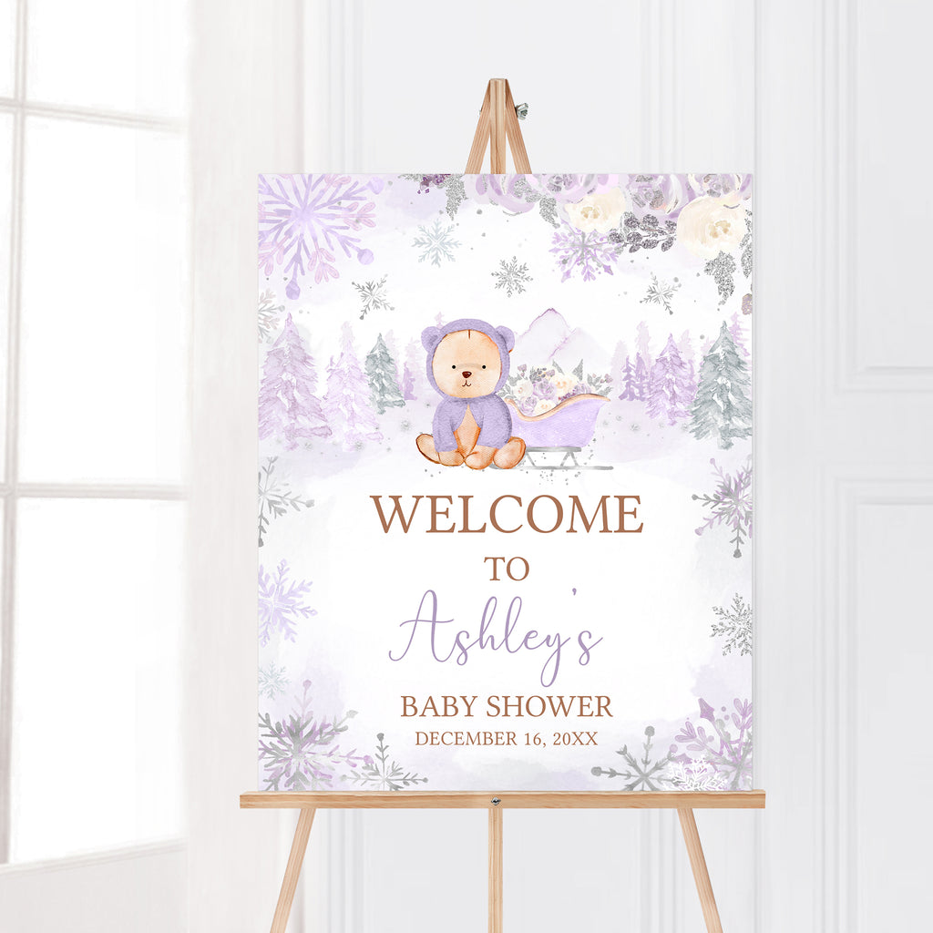 Purple Winter Bear Baby Shower Welcome Sign