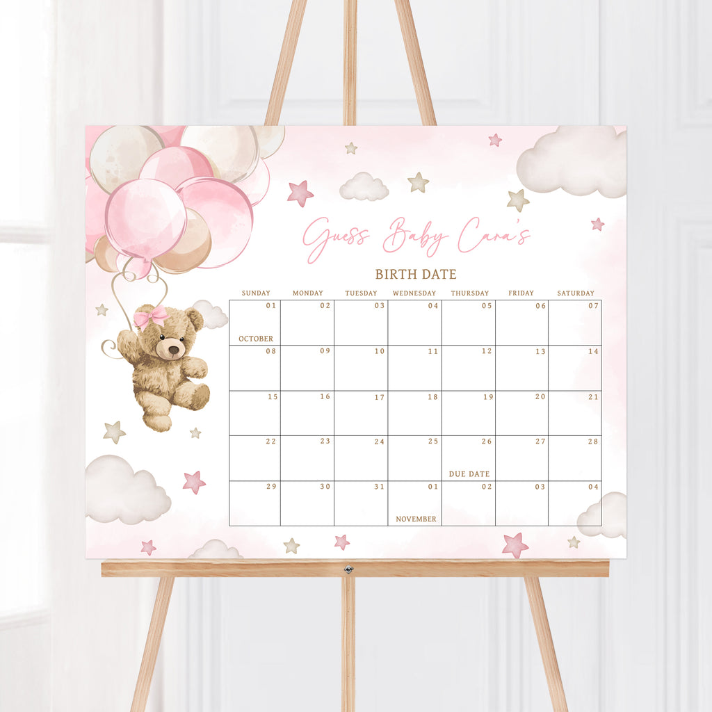 Pink Bear Balloon Baby Shower Due Date Calendar