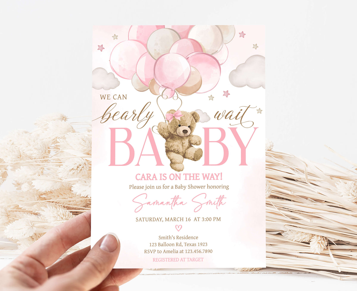 Pink Bear Balloon Baby Shower Invite Editable Template – Cuddle Palette