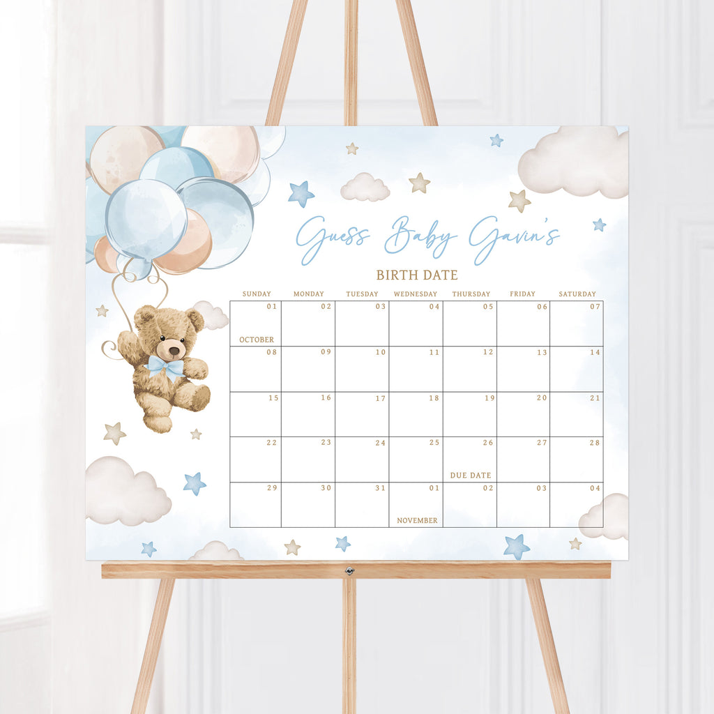 Blue Bear Balloon Baby Shower Due Date Calendar