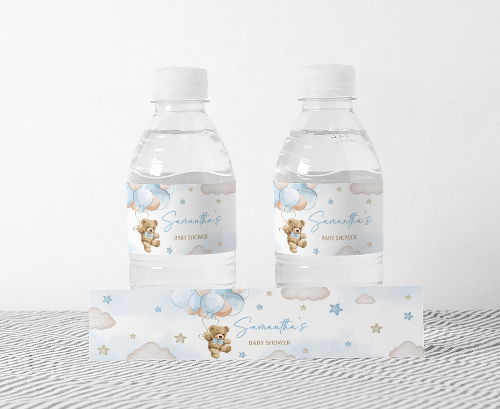 Blue Bear Balloon Baby Shower Bottle Label