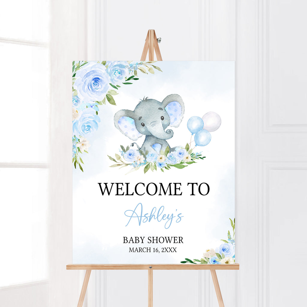 Blue Floral Elephant Baby Shower Welcome Sign