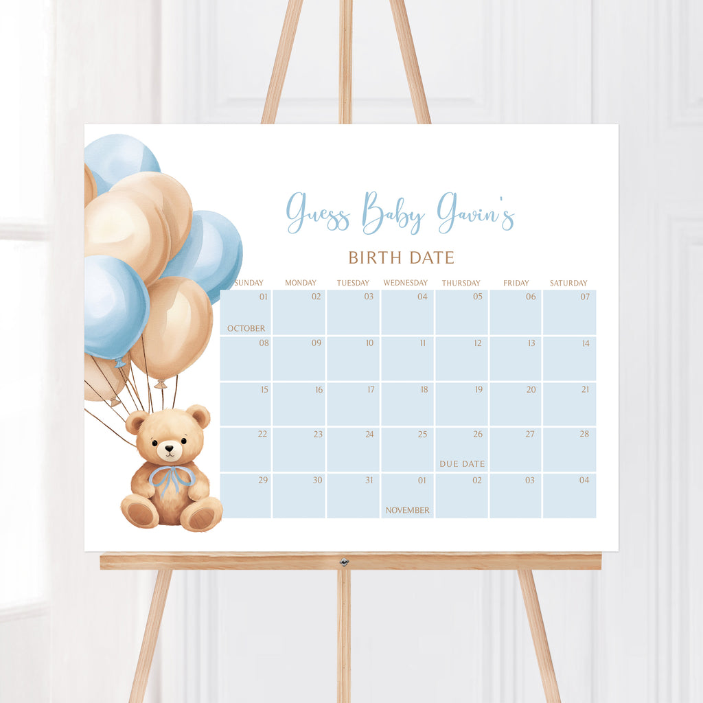 Bear Balloon Baby Shower Due Date Calendar