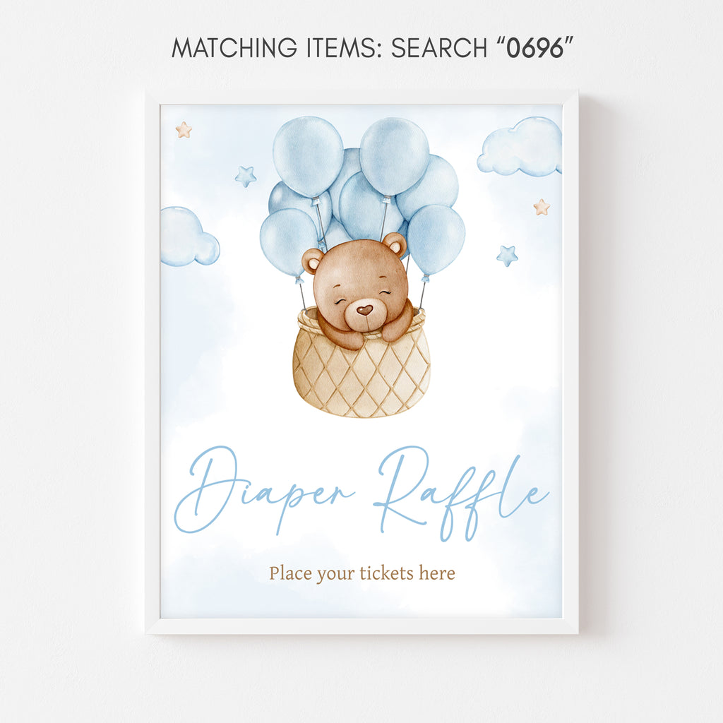 Blue Hot Air Balloon Bear Baby Shower Diaper Raffle Sign