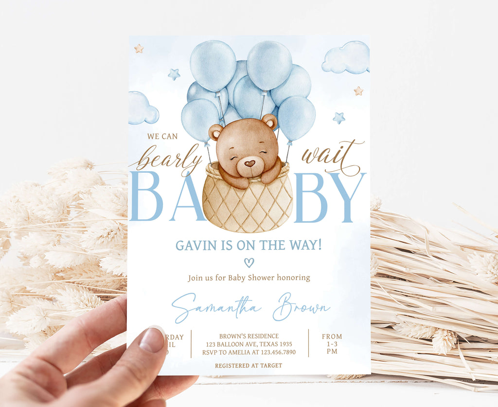 Blue Hot Air Balloon Bear Baby Shower Invitation