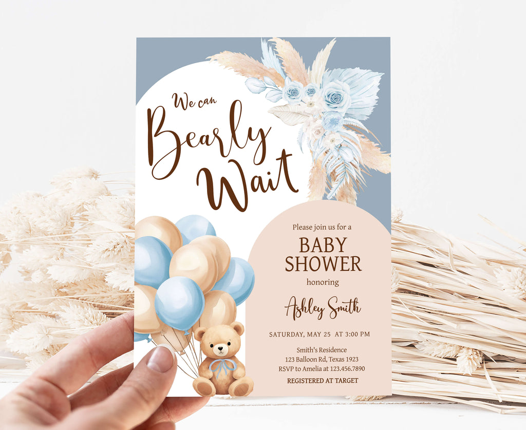 Blue Bear Balloon Baby Shower Invitation