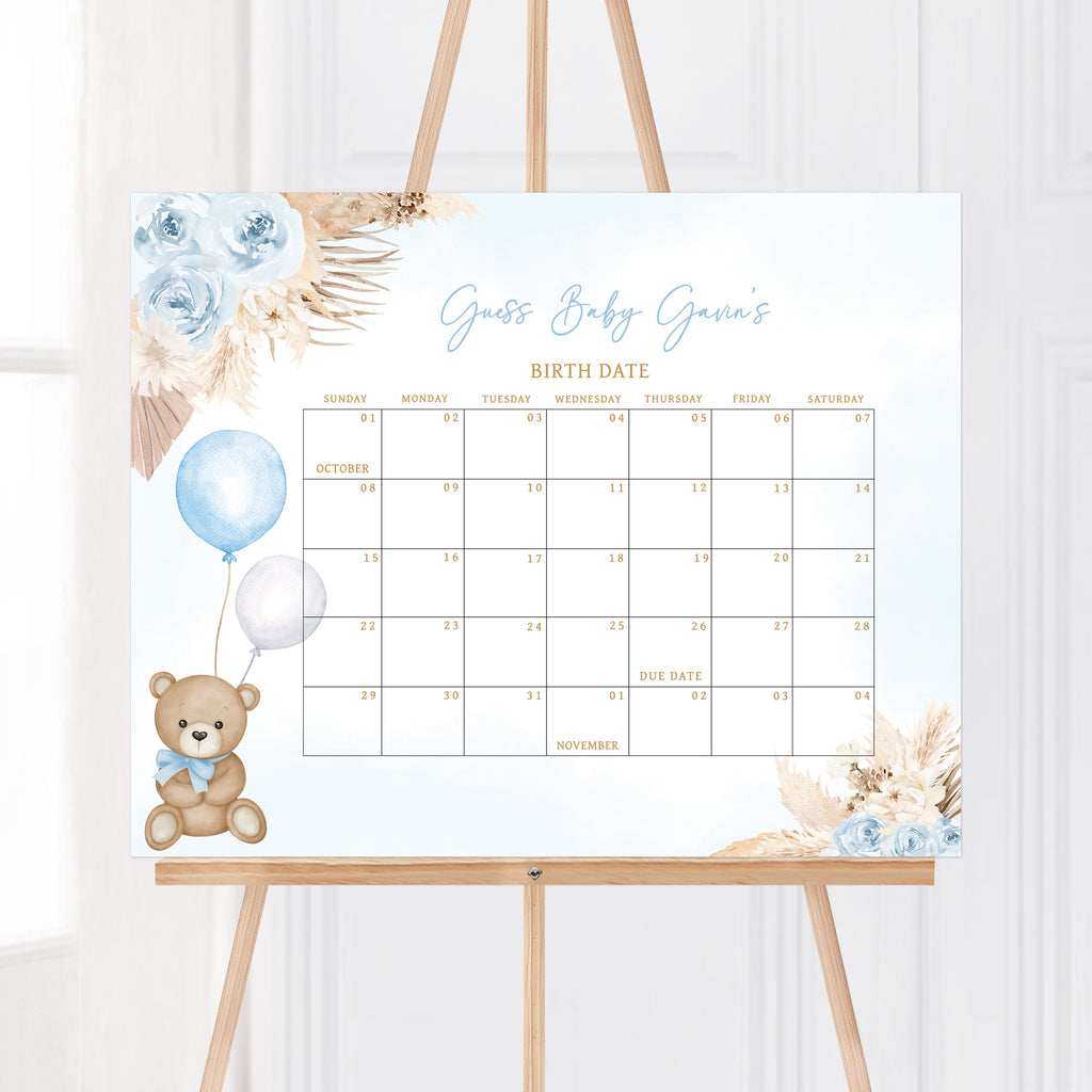 Blue Boho Bear Baby Shower Due Date Calendar