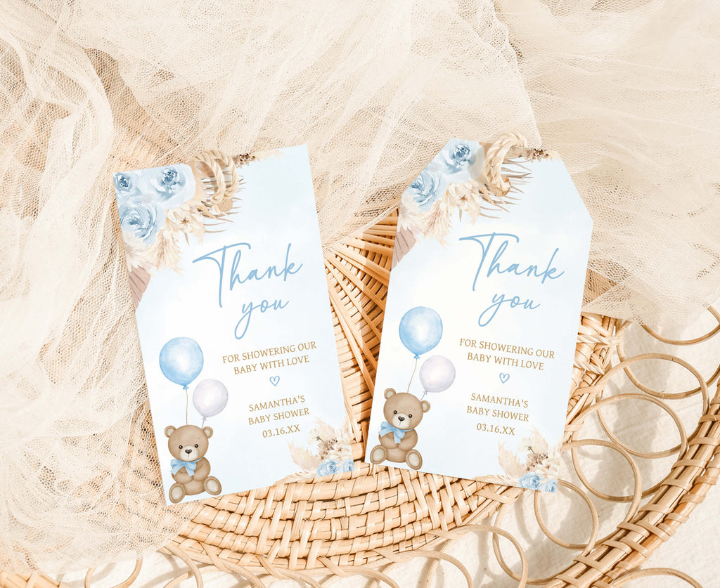 Blue Boho Bear Baby Shower Favor Tag