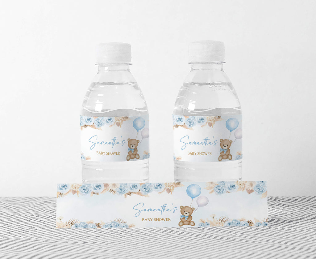 Blue Boho Bear Baby Shower Bottle Label