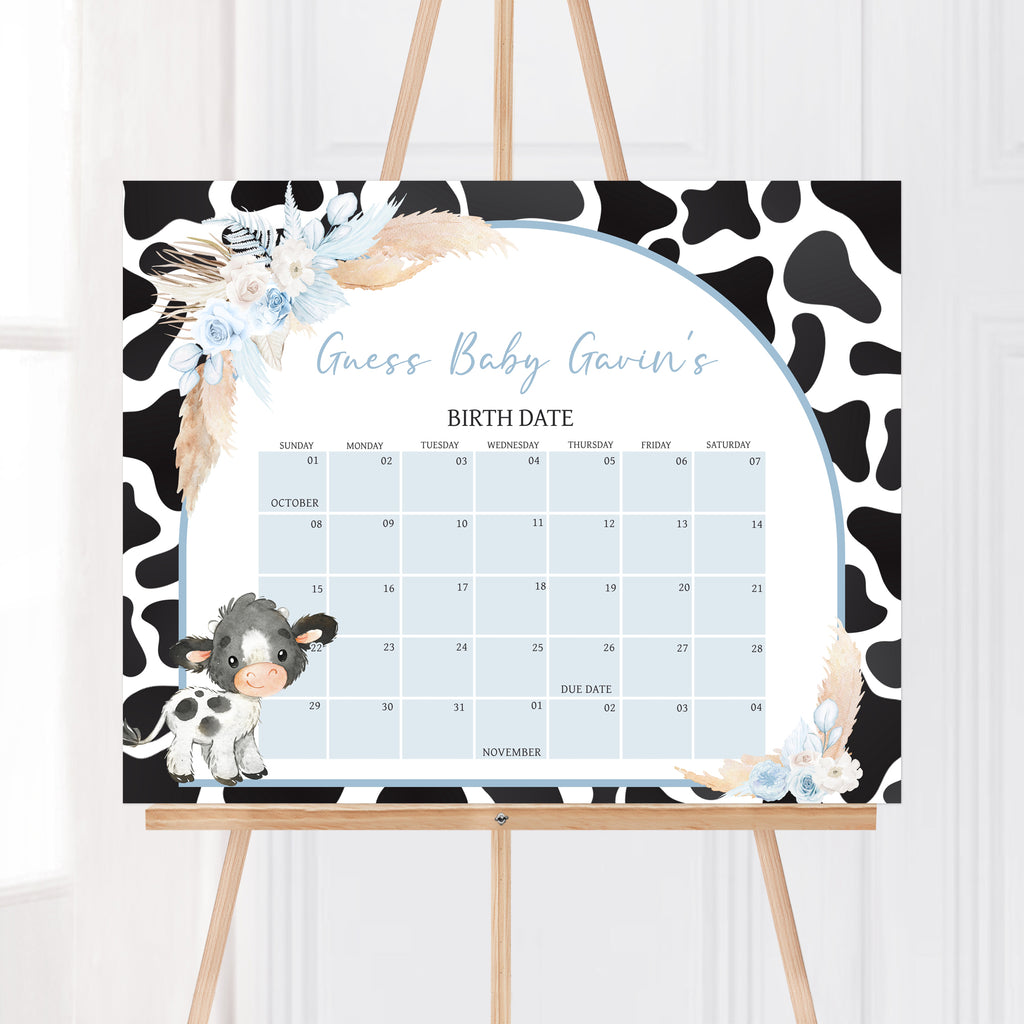 Blue Cow Baby Shower Due Date Calendar