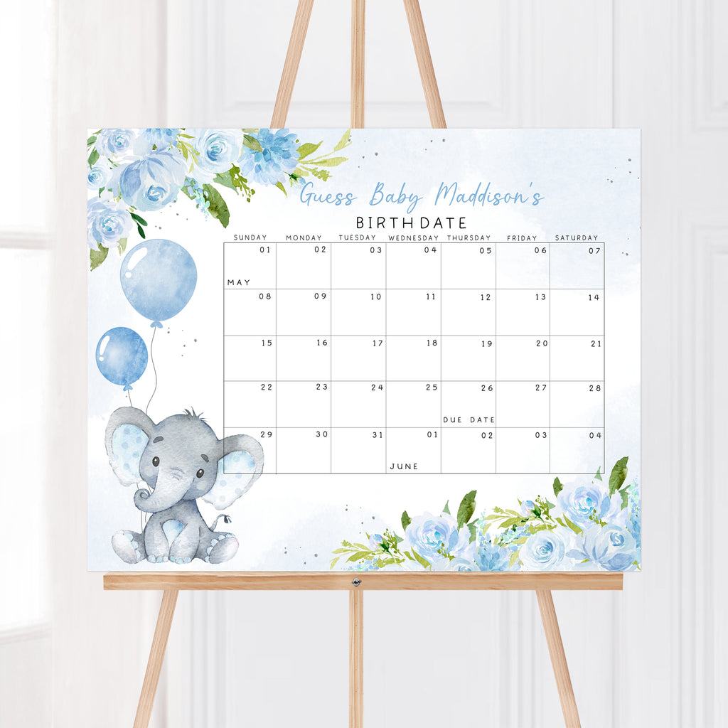 Blue Elephant Baby Shower Due Date Calendar