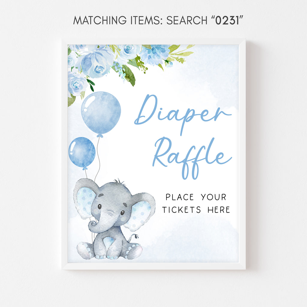 Blue Elephant Baby Shower Diaper Raffle Sign