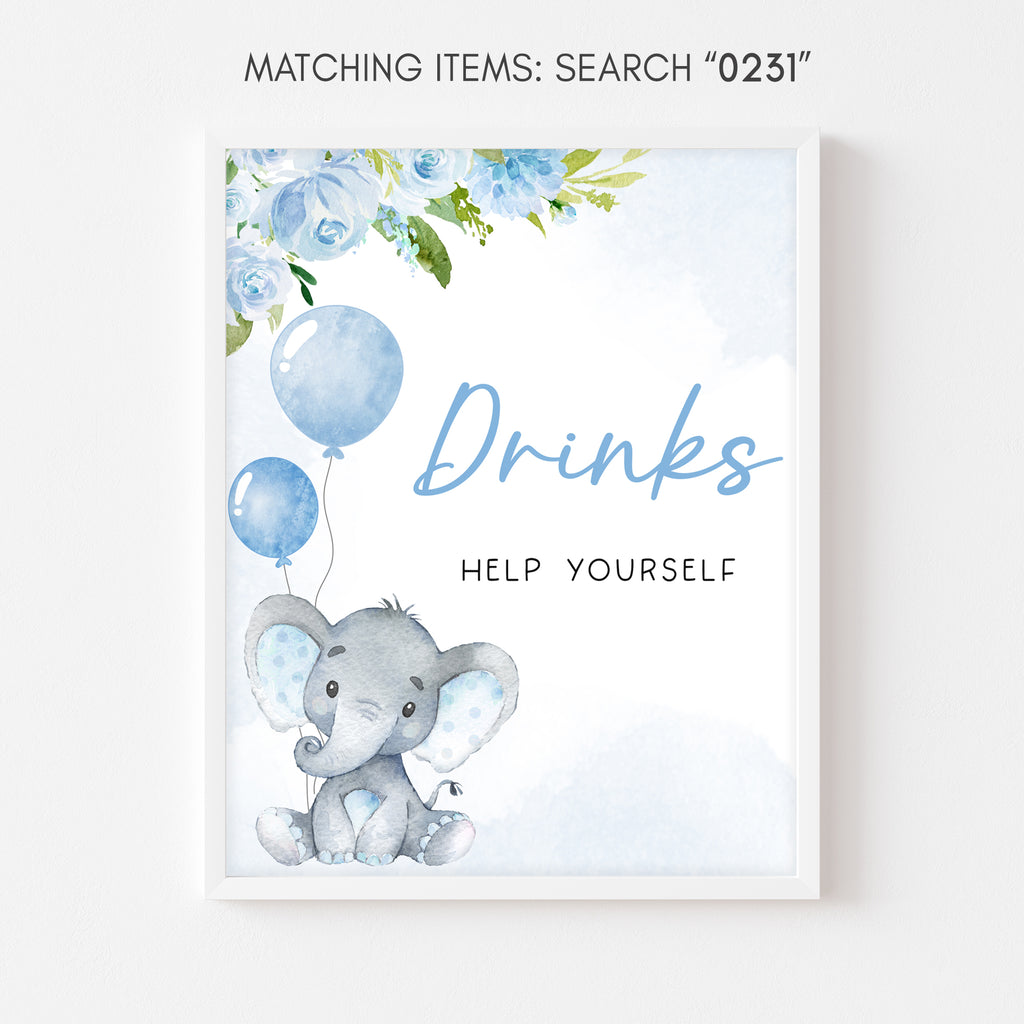 Blue Elephant Baby Shower Drinks Sign