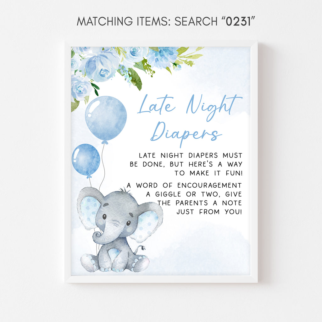 Blue Elephant Baby Shower Late Night Diapers Sign