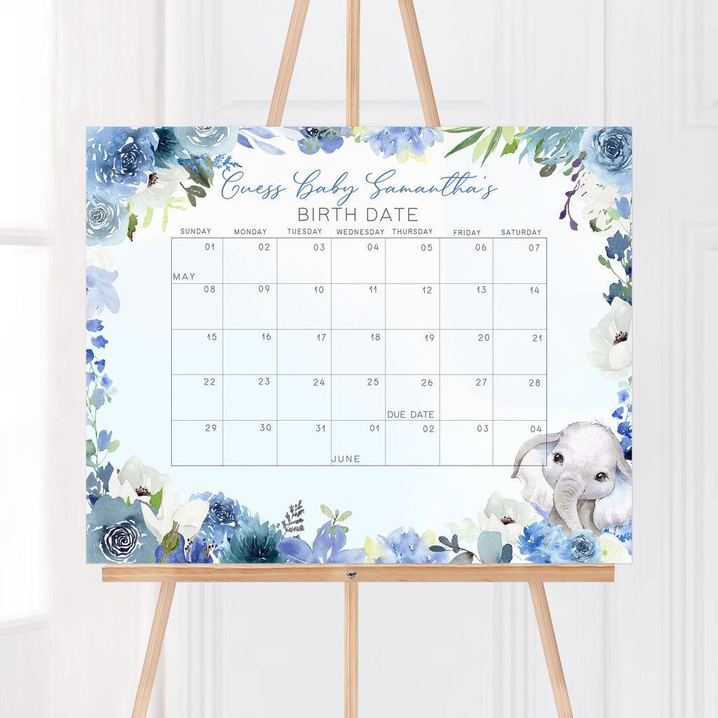 Boy Elephant Baby Shower Due Date Calendar