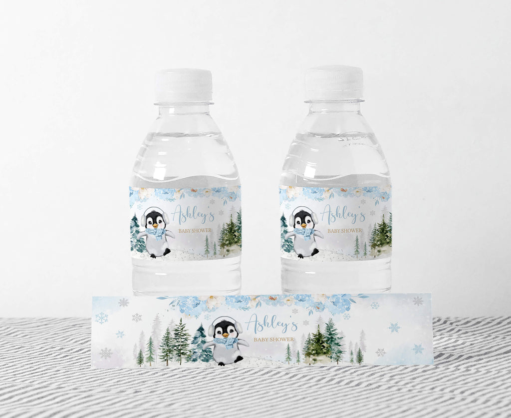 Boy Winter Penguin Baby Shower Bottle Label