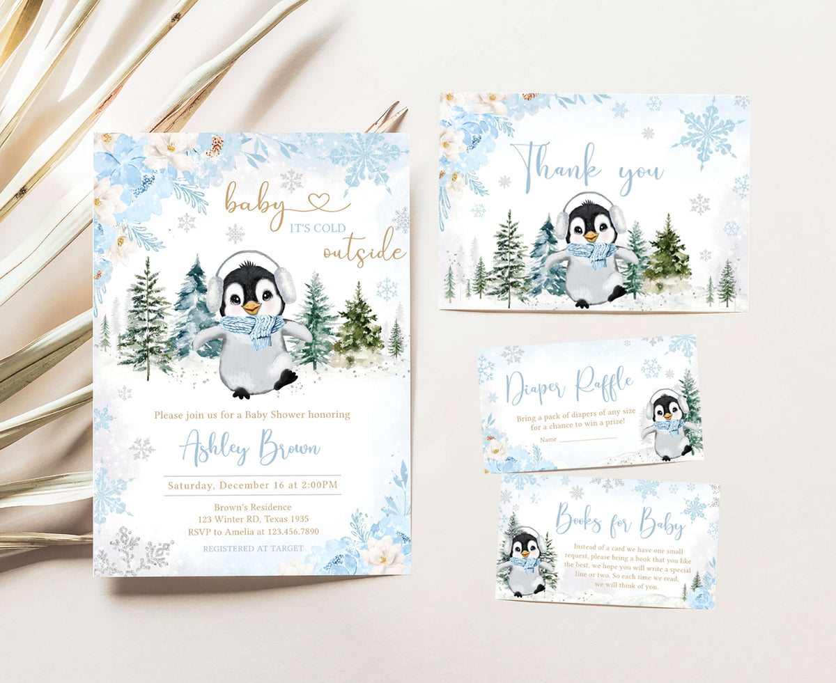 Editable Boy Winter Penguin Baby Shower Invitation Set – Cuddle Palette