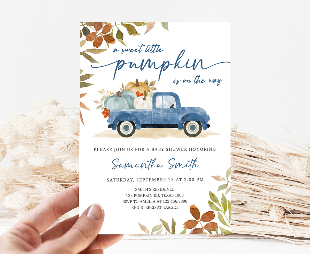 Editable Blue Pumpkin Pickup Truck Baby Shower Invitation – Cuddle Palette