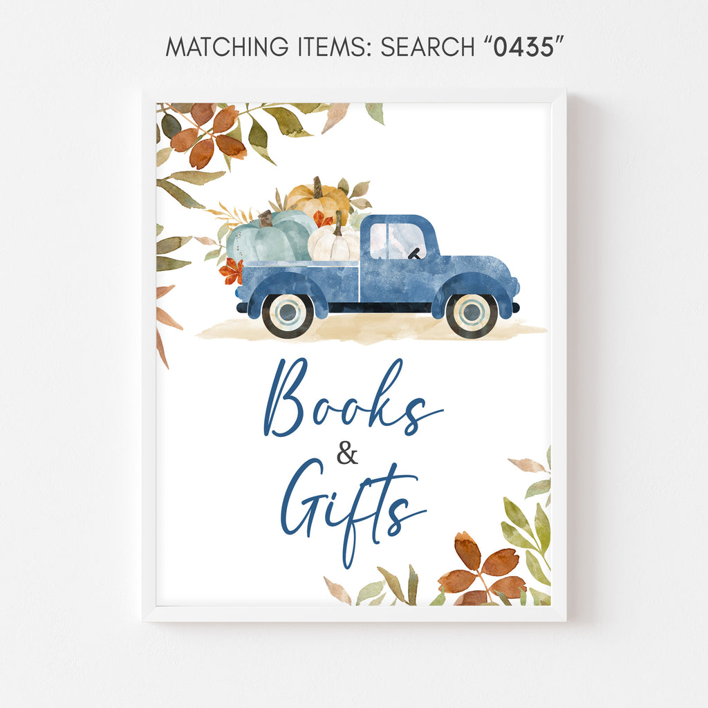 Blue Pumpkin Pickup Truck Baby Shower Books and Gifts Sign