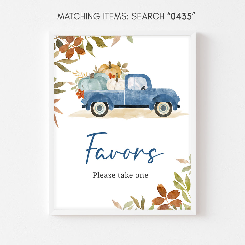 Blue Pumpkin Pickup Truck Baby Shower Favors Sign