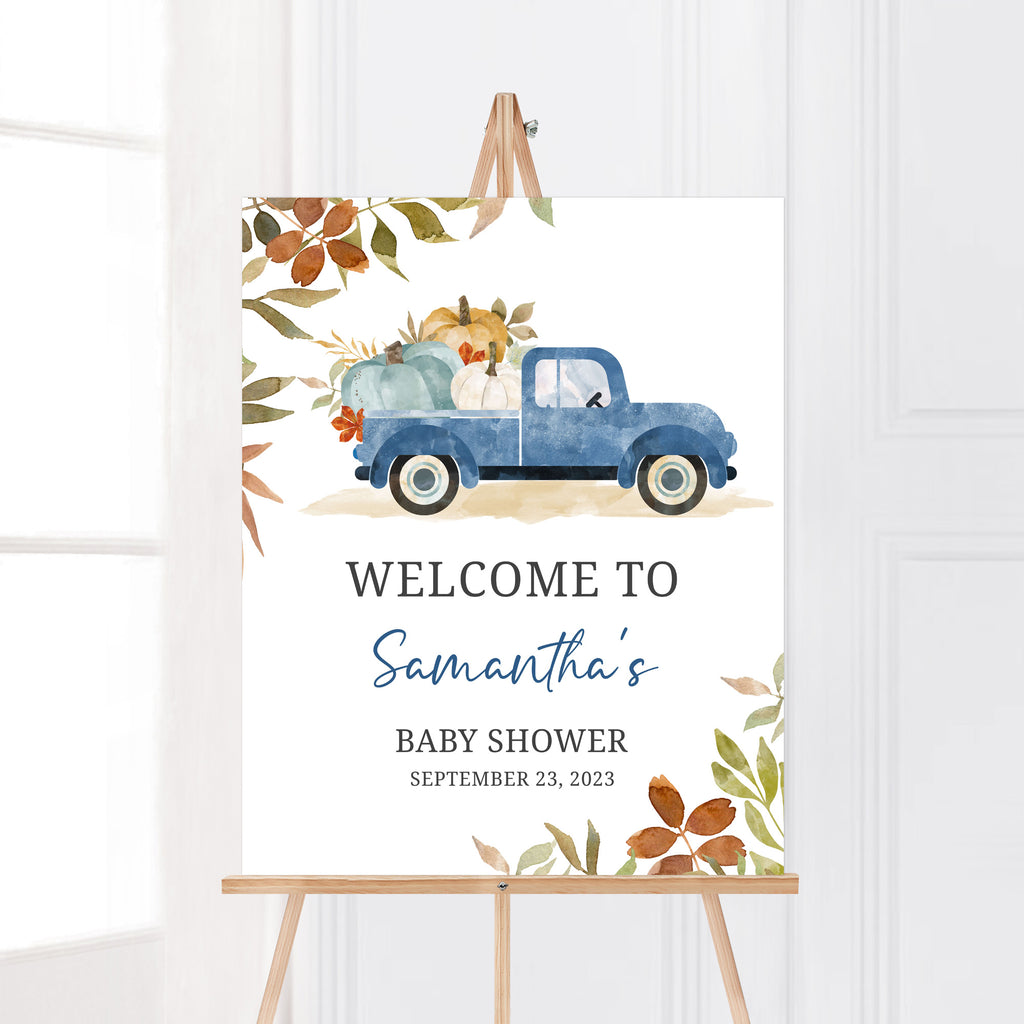 Blue Pumpkin Pickup Truck Baby Shower Welcome Sign